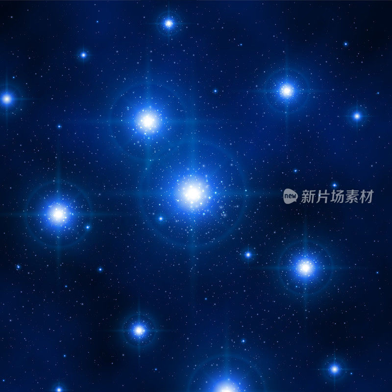 明亮的蓝色星团，星云。闪亮的银河。夜晚星空。在太空深处闪耀着蓝色的恒星和星系。黑暗的背景。明亮的光线，镜头光晕。向量