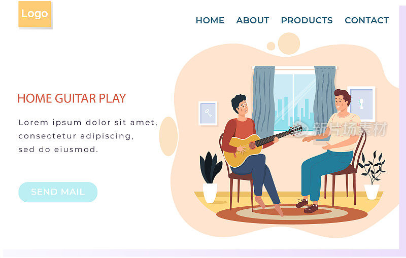 网站与家用吉他演奏。人对朋友唱歌。人们在家里一起享受时光