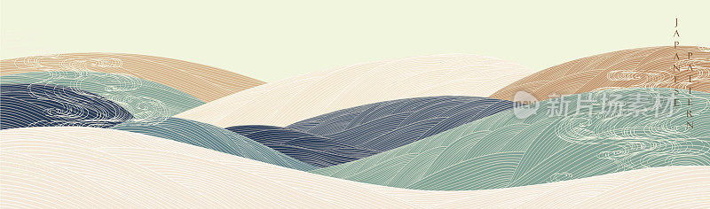 日本背景手绘波矢量。抽象艺术模板与线模式。东方风格山林模板设计。