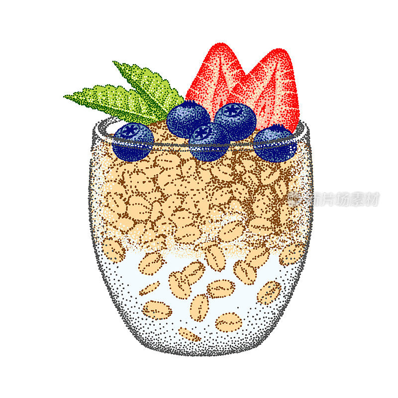 格兰诺拉酸奶加草莓，蓝莓，薄荷。燕麦健康早餐，燕麦谷物粥。谷物食品，什锦麦片。向量草图
