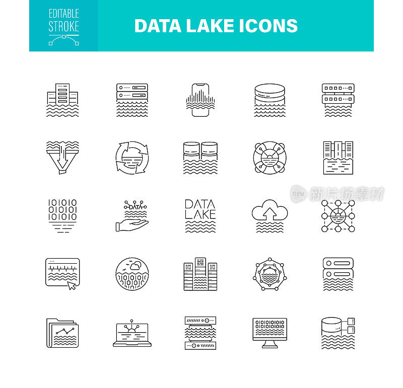 数据湖图标可编辑笔画。包含数据流、云计算、数据分析、数据中心等图标