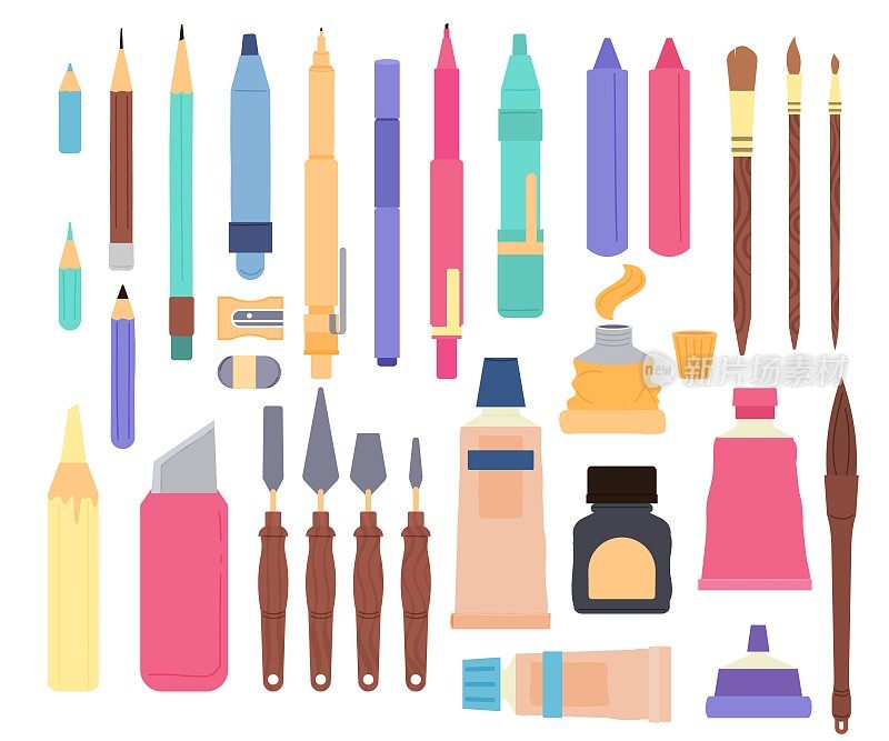 绘画用品。艺术家的工具和艺术绘画工具。绘画设备，毛笔，铅笔，水彩调色板。Studio体面矢量包