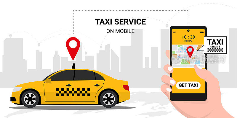 出租车在线服务理念。黄色出租车和手持应用程序获得出租车在屏幕背景。在网上订购出租车。等距矢量图