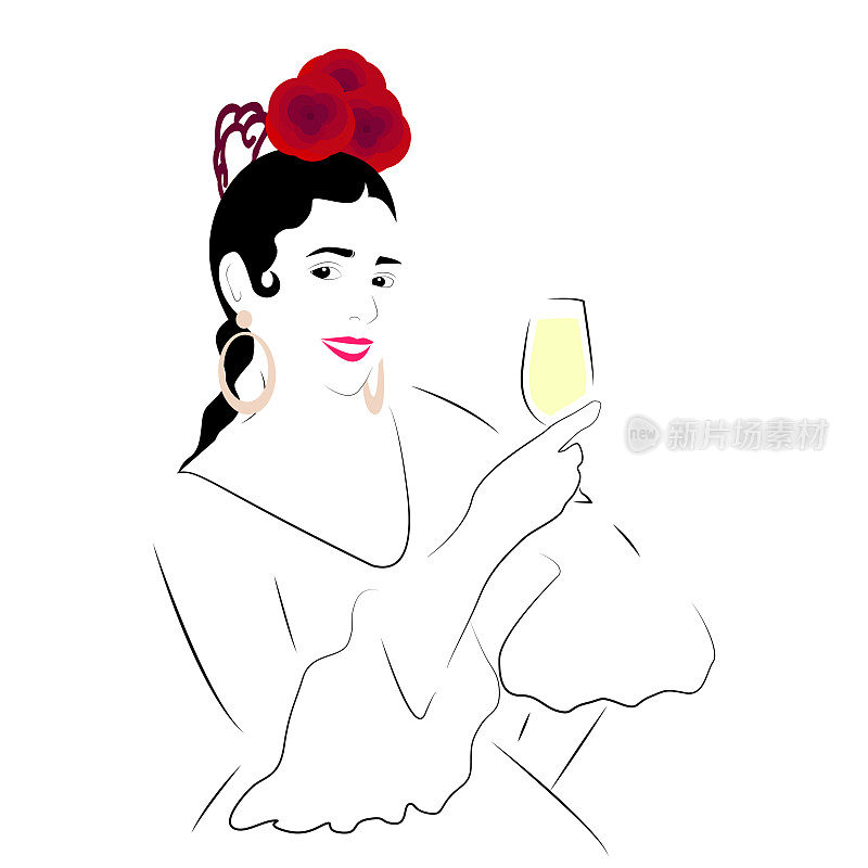 身着弗拉明戈舞服饰的安达卢西亚女子，头发上插着鲜花，梳着梳子，举杯祝酒