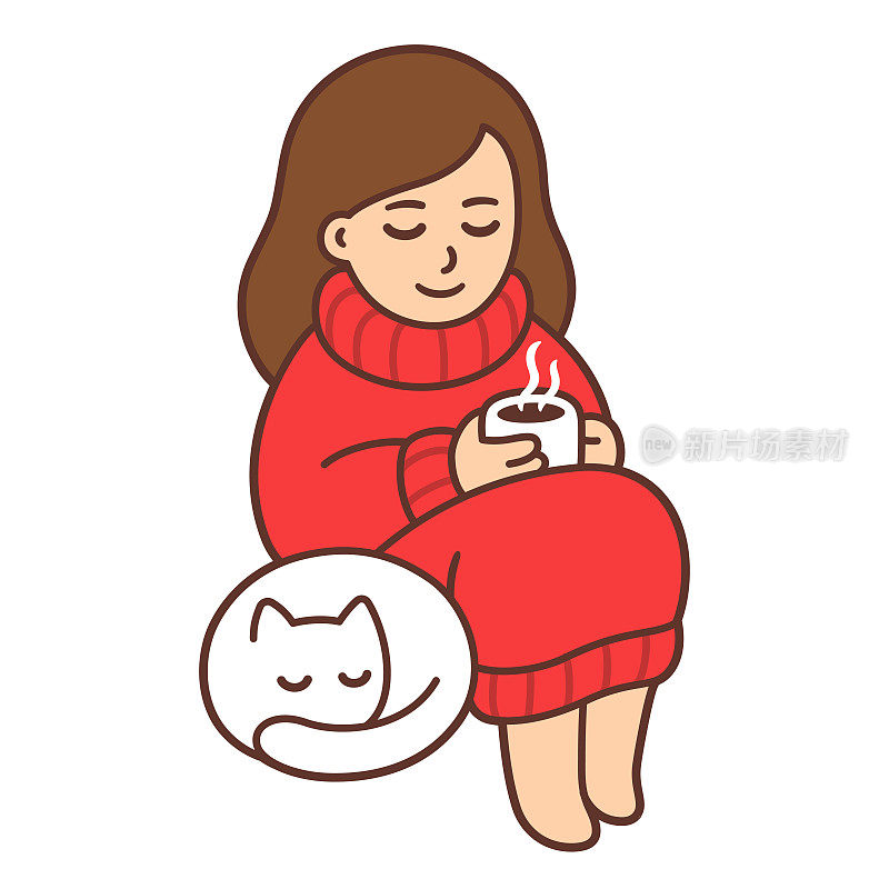 穿着红色毛衣的卡通女孩，还有猫和咖啡