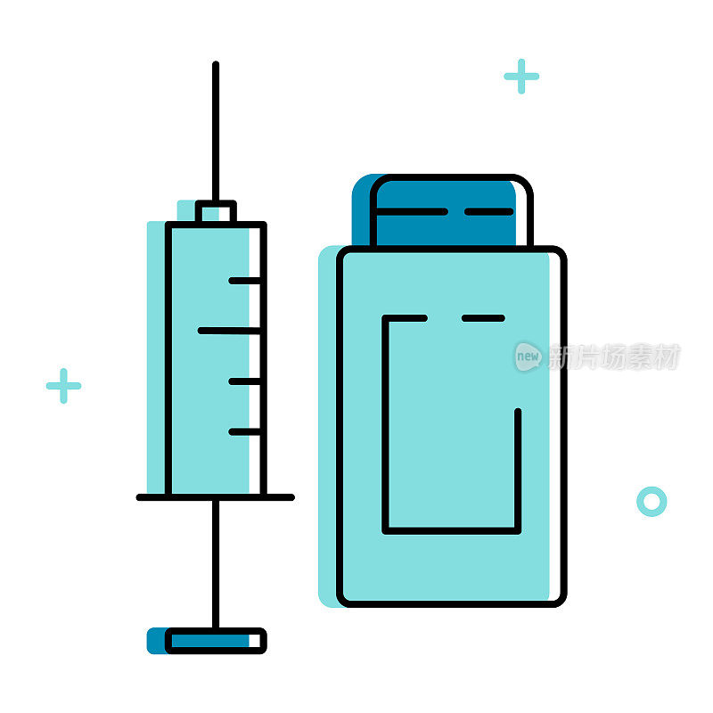 风格化注射器针头和疫苗玻璃瓶图标。矢量图