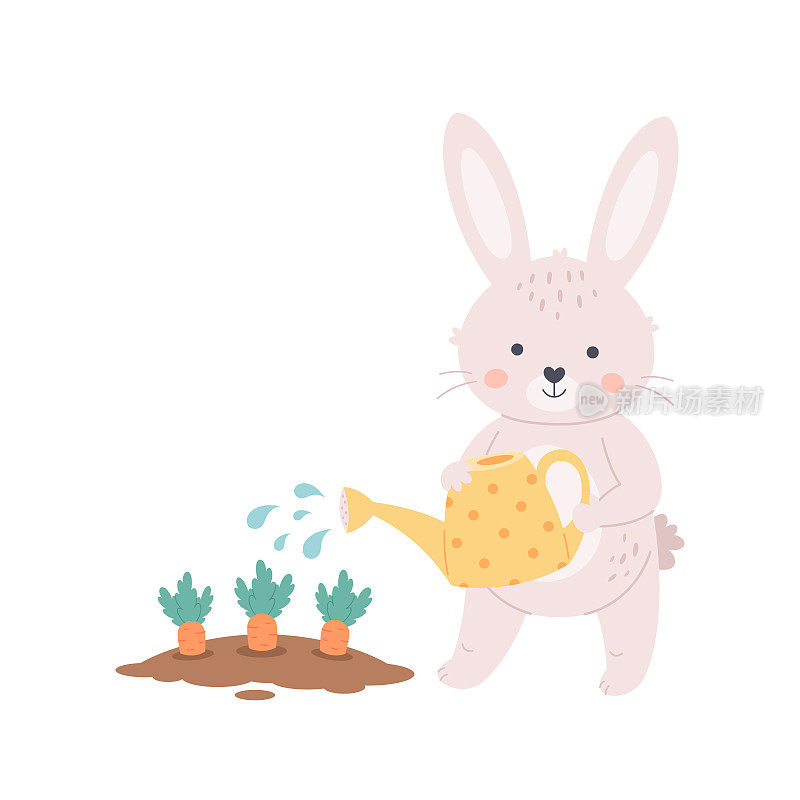 可爱的小白兔用喷壶给胡萝卜浇水。春天，园艺，农耕概念。手绘矢量插图