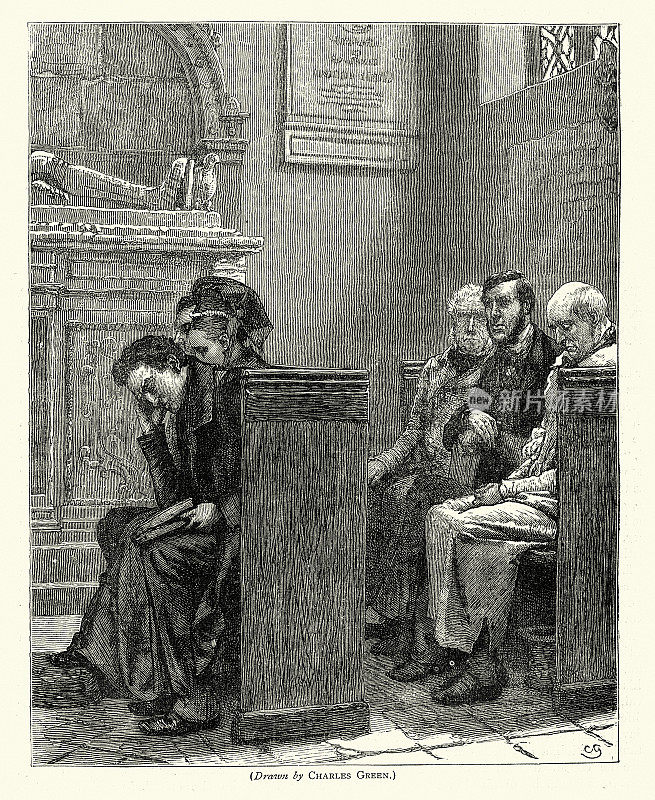 19世纪70年代,人们坐在教堂的长椅上做周日弥撒