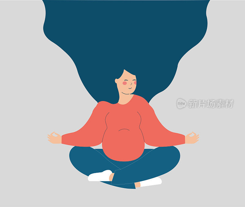 孕妇练习瑜伽，以莲花姿势坐着并冥想。孕妇，坐着做呼吸练习。
