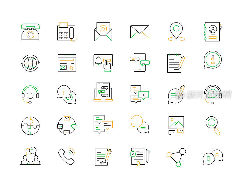 联系和支持相关的矢量细线图标。大纲符号集合