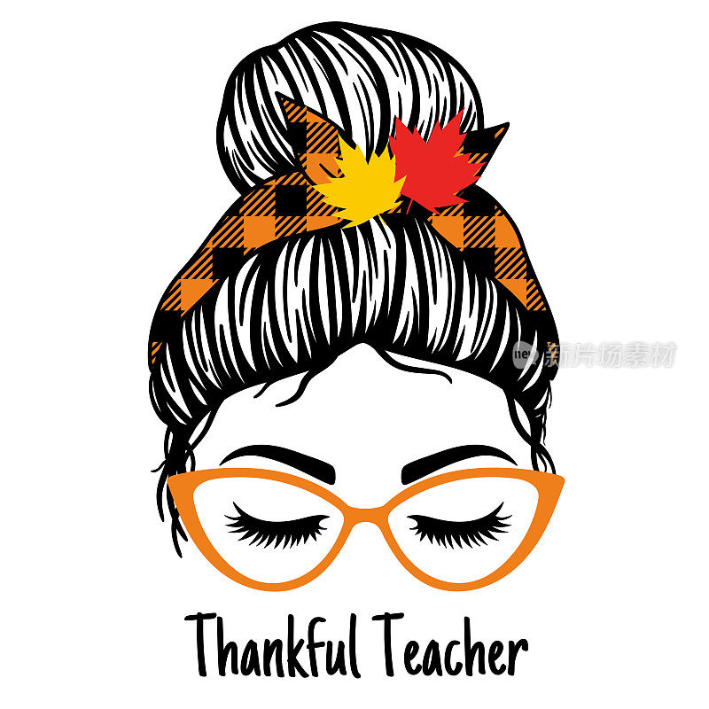 感恩老师。凌乱的发髻。戴着眼镜的女人，戴着印有水牛图案和枫叶的大手帕。秋天,秋天,感恩节。矢量插图。孤立在白色背景。