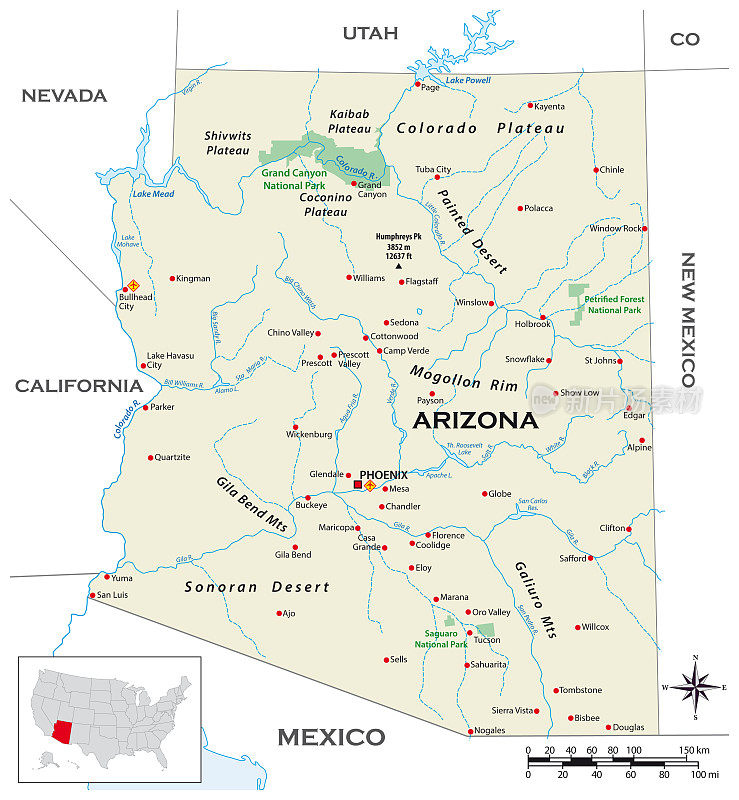 美国亚利桑那州的高度详细的物理地图
