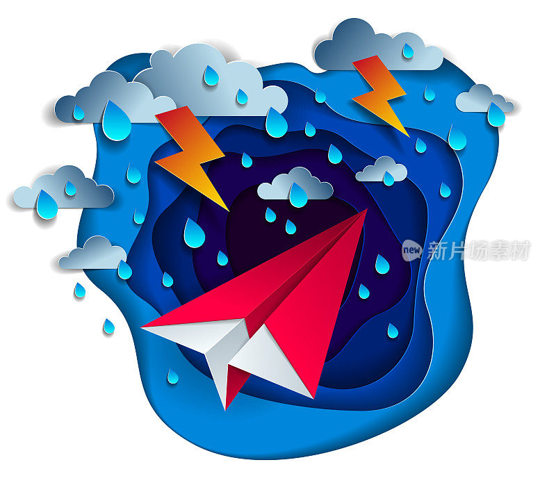 折纸飞机玩具飞行在雷雨与闪电，戏剧性的矢量插图暴风雨雨天气的海洋与玩具飞机挣扎生存。