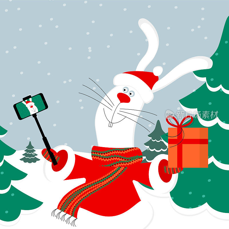 近距离的肖像可爱的兔子或兔子穿着圣诞老人的衣服自拍使用智能手机背景与圣诞树在森林里。可编辑的平面样式矢量插图