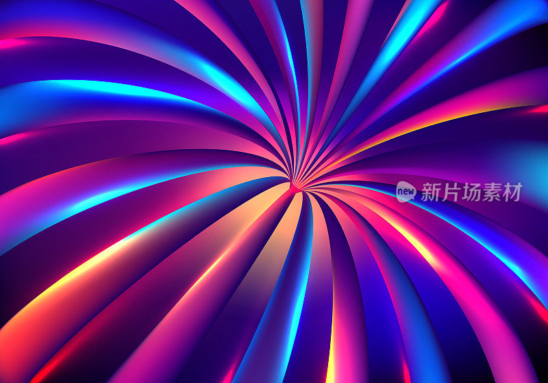 抽象数字技术概念3D霓虹灯颜色发光的光线隧道速度运动在充满活力的色彩背景