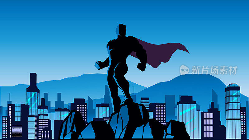 矢量超级英雄剪影与城市天际线背景股票插图