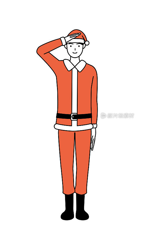 简单的线条插画，一个男人打扮成圣诞老人正在敬礼。