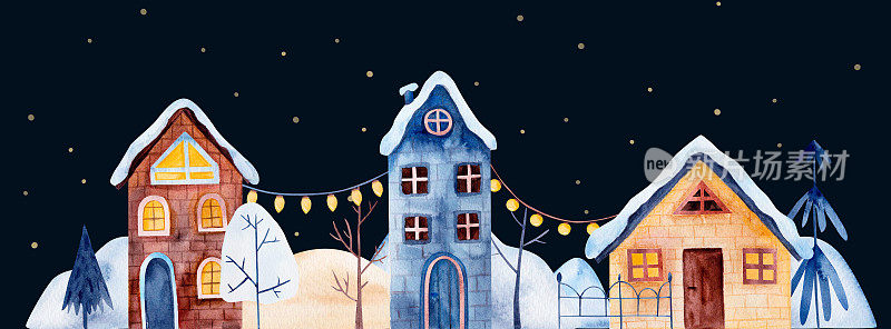 圣诞村夜晚的水彩明信片，冬天街道的建筑，斯堪的纳维亚人的房子。