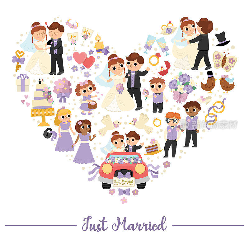 向量婚礼框架与刚刚结婚的夫妇。结婚仪式卡片模板框在心形。可爱的婚礼插画与新娘，新郎，伴娘，新郎，蛋糕，戒指