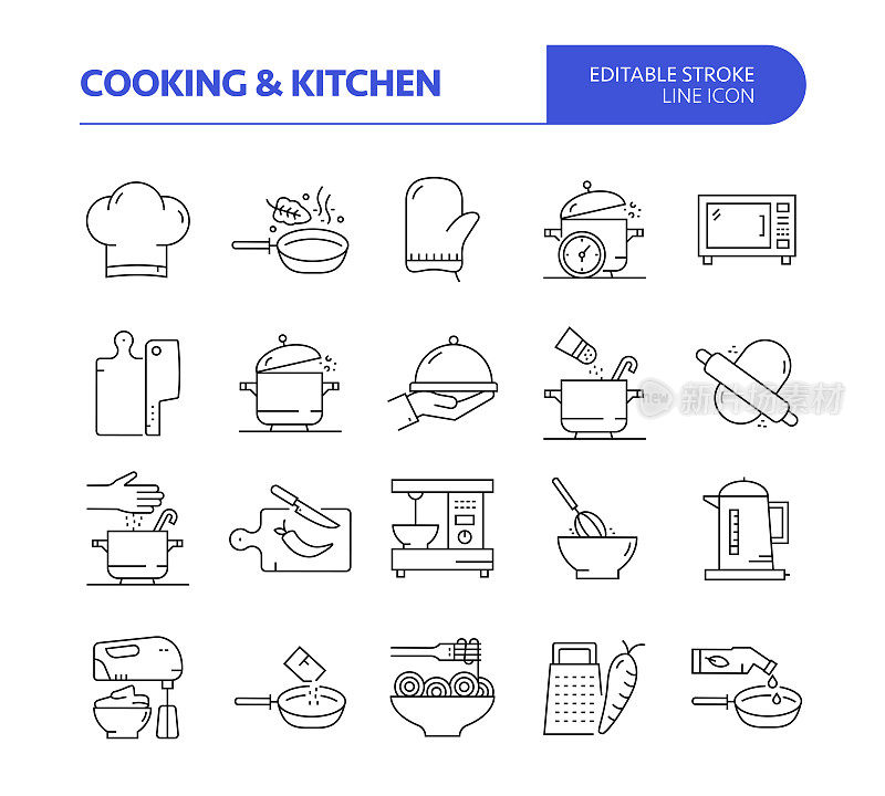 烹饪相关线矢量图标集。可编辑的中风。厨师，厨房，煮锅，准备食物。