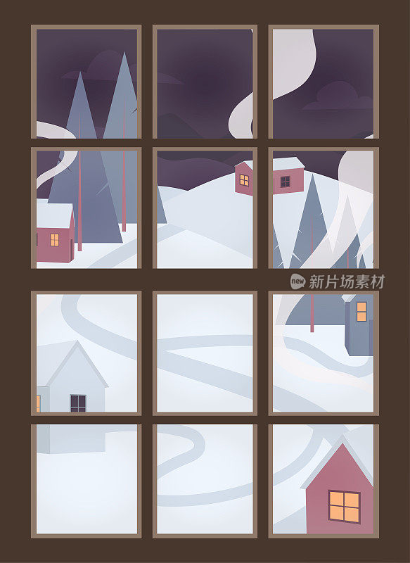 透过窗户看，冬夜的室外景观有雪，舒适的房子和松树，小hygge村的滑雪胜地
