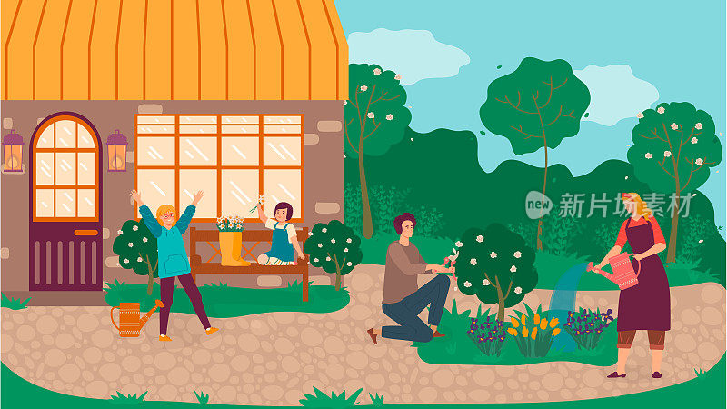 快乐的家庭在花园里种花和修剪树木的母亲，父亲和女儿的卡通矢量插图在农舍附近。