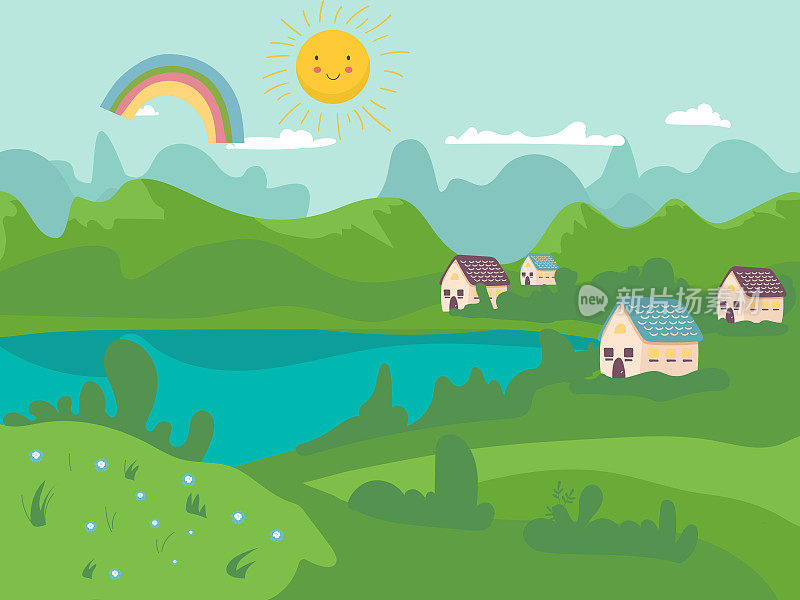 矢量插图的美丽的夏季田野景观与黎明，绿色的山丘，明亮的颜色蓝天，国家背景在平面卡通风格的旗帜。