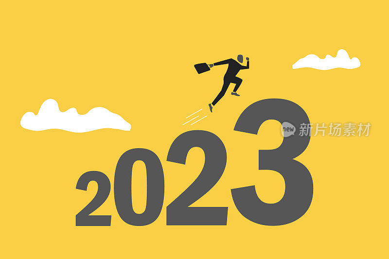 商人在2023年开始行动。业务目标、决心、机会、动力和工作乐趣的概念。