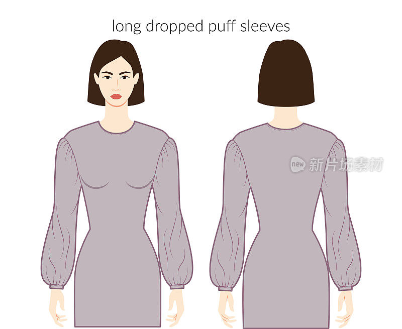 掉落的蓬松袖长款衣服性格女士在灰色上衣，衬衫，连衣裙技术时尚插图与合身的身体。平板服装模板正面，背面。女人，男人男女皆宜的CAD模型