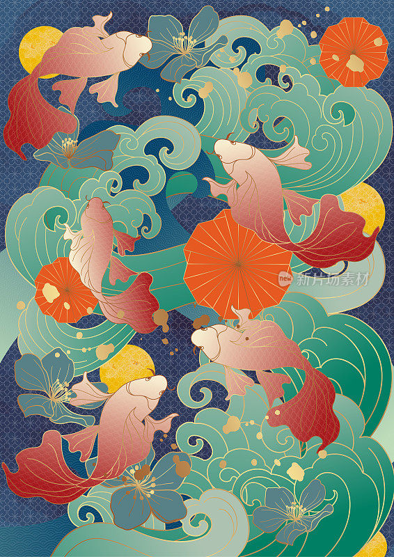 亚洲风中国风民族潮古风传统古典吉祥樱花
波浪金鱼遮阳海报贺卡背景墙装饰画