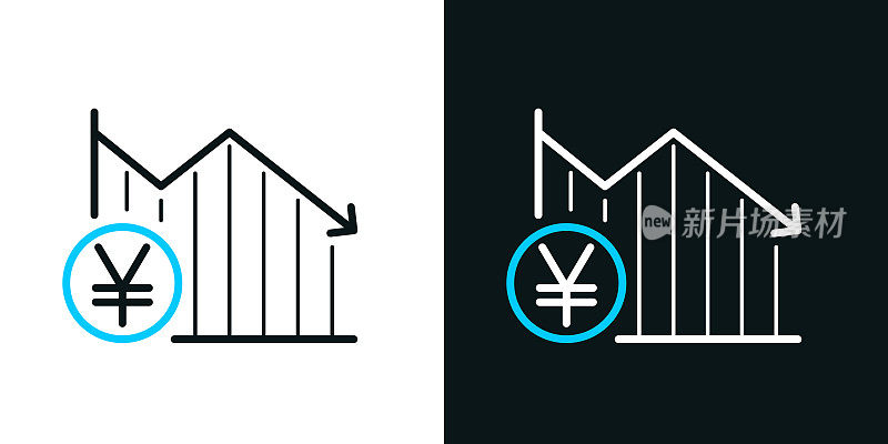 日元硬币下降图。黑色或白色背景上的双色线条图标-可编辑笔触