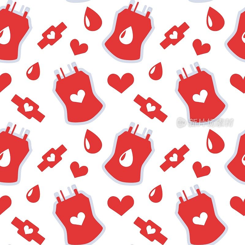 血袋，心脏，滴。手绘矢量插图。血液学图标。献血，保健理念。世界献血者日。时尚的无缝图案。背景,壁纸