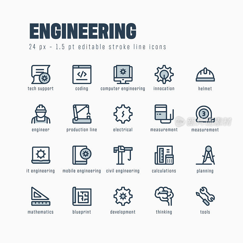 工程线图标集。可编辑的中风。像素完美。