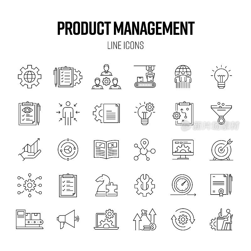 产品管理线路图标集。开发、战略、敏捷、创新、自动化。