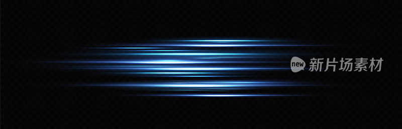 运动灯光效果的横幅。蓝线。蓝色背景上的速度效果。光、速度和移动的线条。矢量镜头光晕。