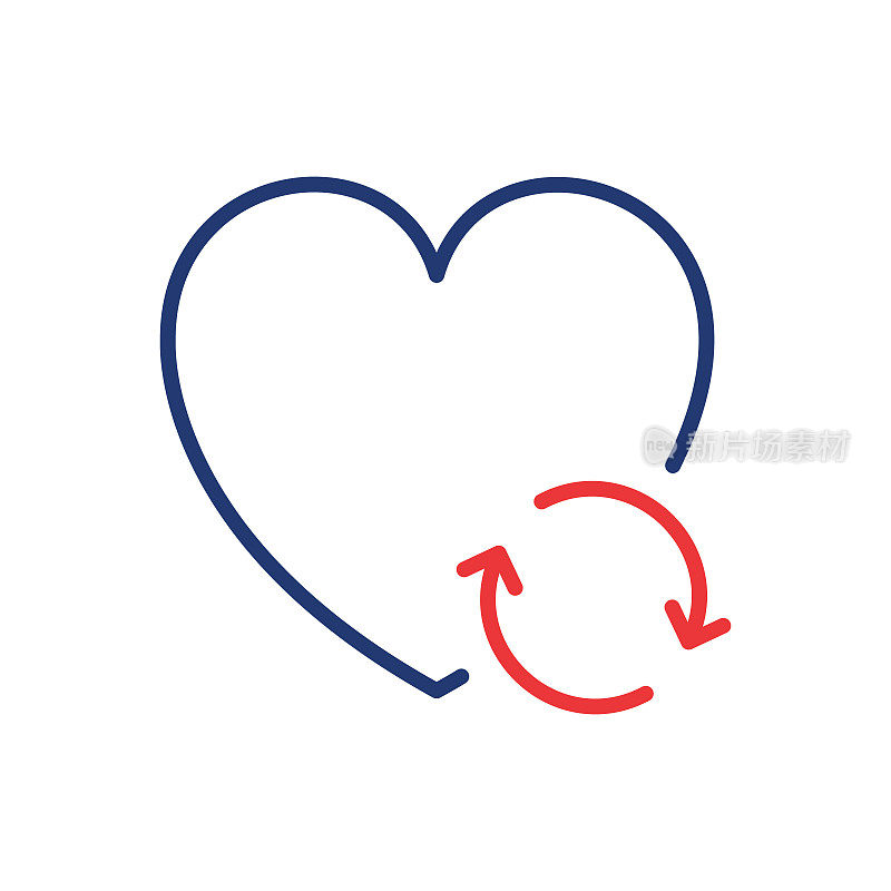 移植和捐赠的心脏与箭头线图标。循环改造机构线性象形图。心脏捐赠大纲图标。可编辑的中风。孤立矢量图