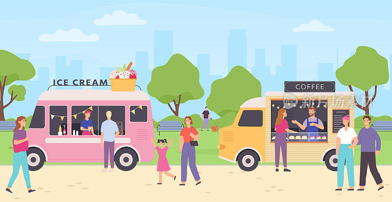 Kiosk供应商。街头食品市场，卡车出售面包，咖啡饮料和冰淇淋。人们在公园散步，买零食