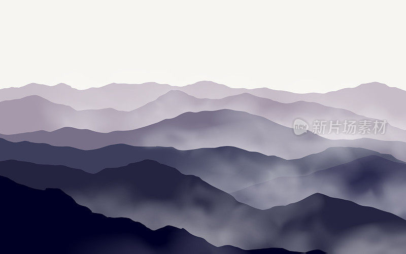 矢量充满活力的紫色景观与轮廓的迷雾山脉和丘陵