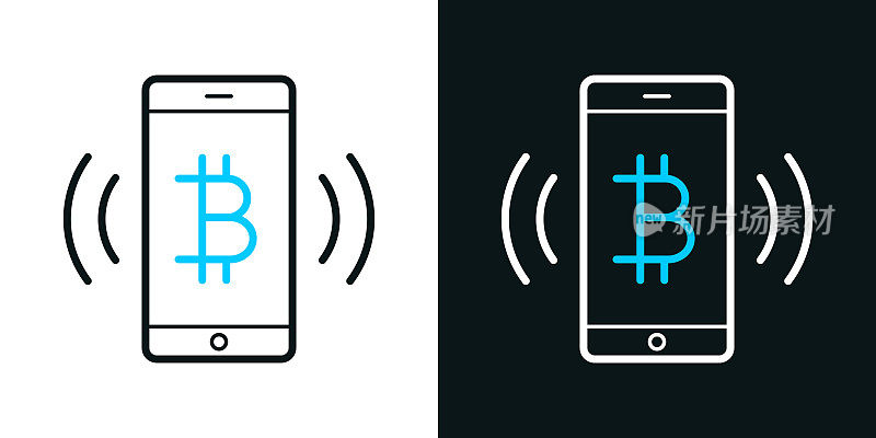 智能手机响着比特币标志。黑色或白色背景上的双色线图标-可编辑的笔画