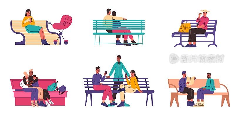 人们坐在长凳上。可爱的市民们在不同类型的城市座椅上休息。朋友们在公园聚会。年轻的妈妈和孩子一起在户外。热恋中的情侣。向量行走人集