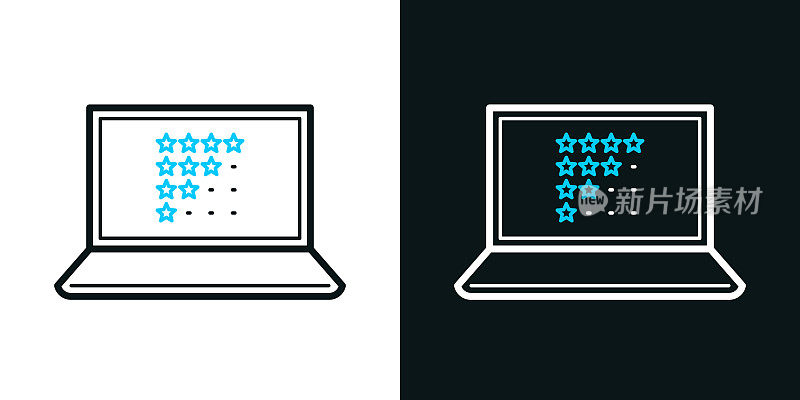 带星级的笔记本电脑。黑色或白色背景上的双色线条图标-可编辑笔触