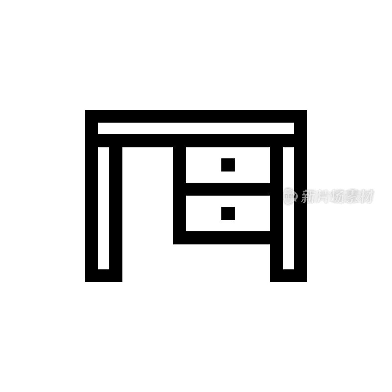 桌子椅子线条图标，设计，像素完美，可编辑笔触。标志、标志、符号。家具。