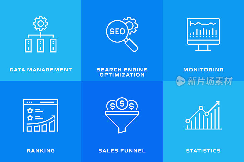 SEO相关的矢量线图标。轮廓符号集合