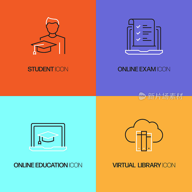 在线教育相关的矢量线图标。轮廓符号集合