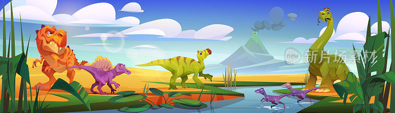 卡通恐龙从河里喝水