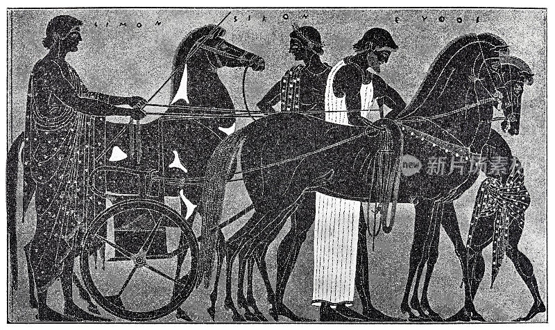 夹紧一辆古希腊马车，侧视图，4个人和一匹马