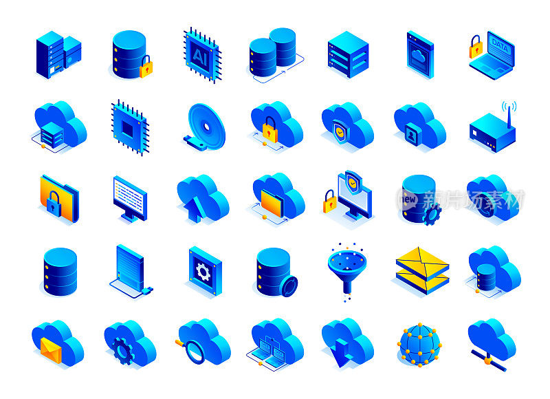 大数据等距图标集和三维设计的矢量插图。人工智能，云计算，下载，硬件，网络，数据库。
