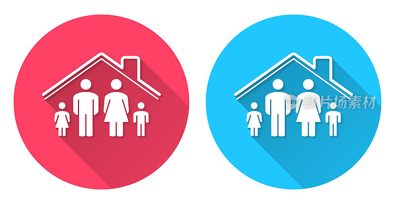 家人呆在家里。圆形图标与长阴影在红色或蓝色的背景