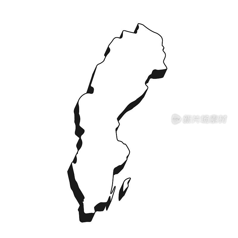 瑞典地图与黑色轮廓和阴影在白色背景
