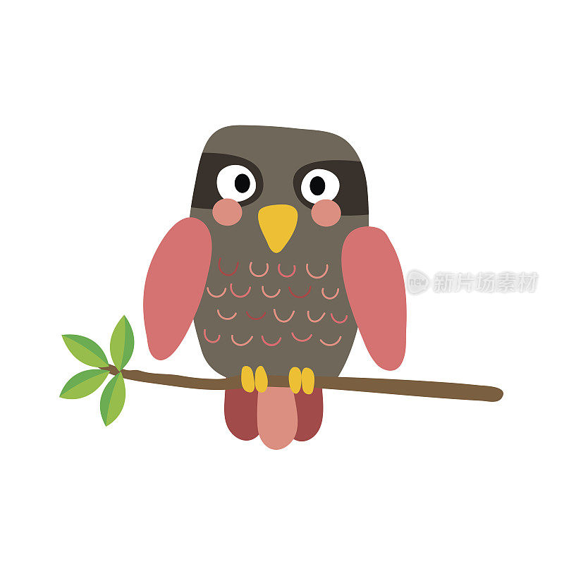 粉色猫头鹰鸟动物卡通人物矢量插图。